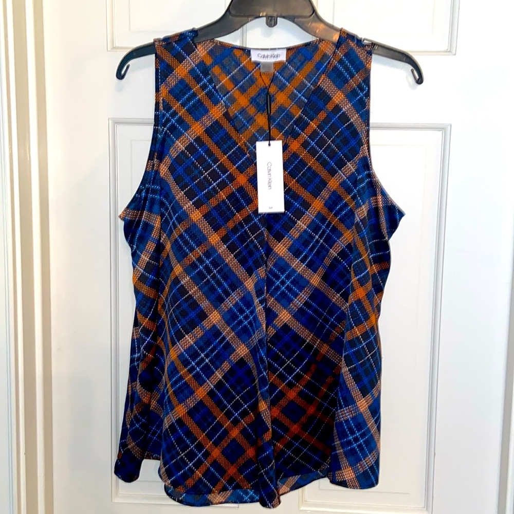 Calvin Klein Suit Blue Orange White Plaid Sleeveless Shell Top